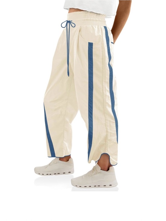 TOVPAO Pants - Cream Track Pants with Blue Stripes